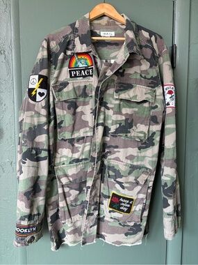 The Rail Green Camo Military Field Jacket with Peace Patches